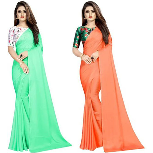 Casual Green And Orange Chiffon Solid-plain Pack Of 2 Sari With Unstiched Blouse