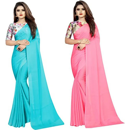 Light Blue and Pink Chiffon Solid-Plain Pack of 2 sari with Unstiched Blouse