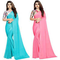 Light Blue and Pink Chiffon Solid-Plain Pack of 2 sari with Unstiched Blouse