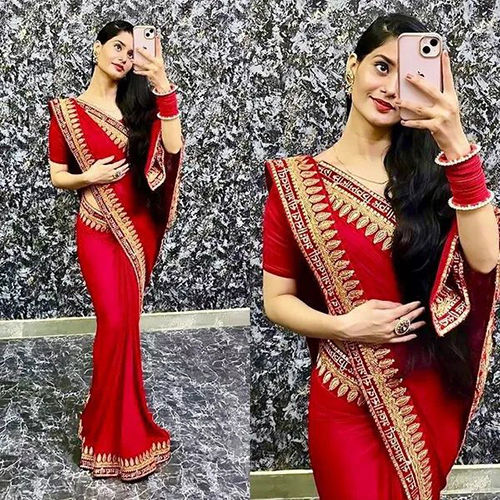 Ethnic Red Georgette And Art Silk Sari With Unstiched Blouse