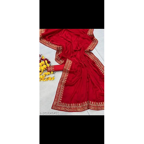 Red Georgette and Art Silk Embroidered sari with Unstiched Blouse