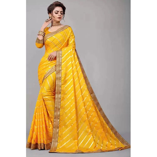 Yellow Ready to wear Art Silk Striped sari with Unstiched Blouse