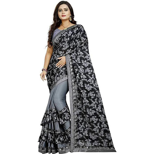 Grey Ready to wear Lycra Blend Self Design sari with Unstiched Blouse