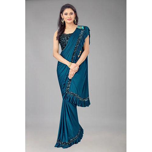 Dark Blue Ready to wear Lycra Blend Solid-Plain sari with Unstiched Blouse