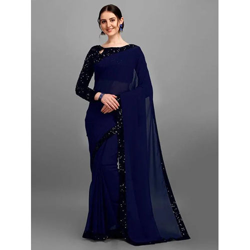 Party Wear Black Georgette Embellished Sari With Unstiched Blouse