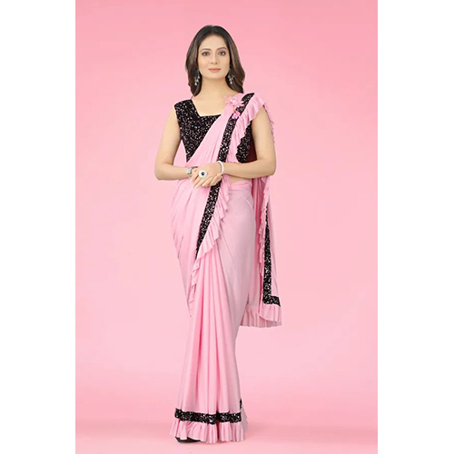 Pink Ready to wear Lycra Blend Embellished sari with Unstiched Blouse