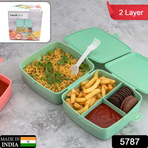 DOUBLE LAYER SQUARE LUNCH BOX WITH SPOON