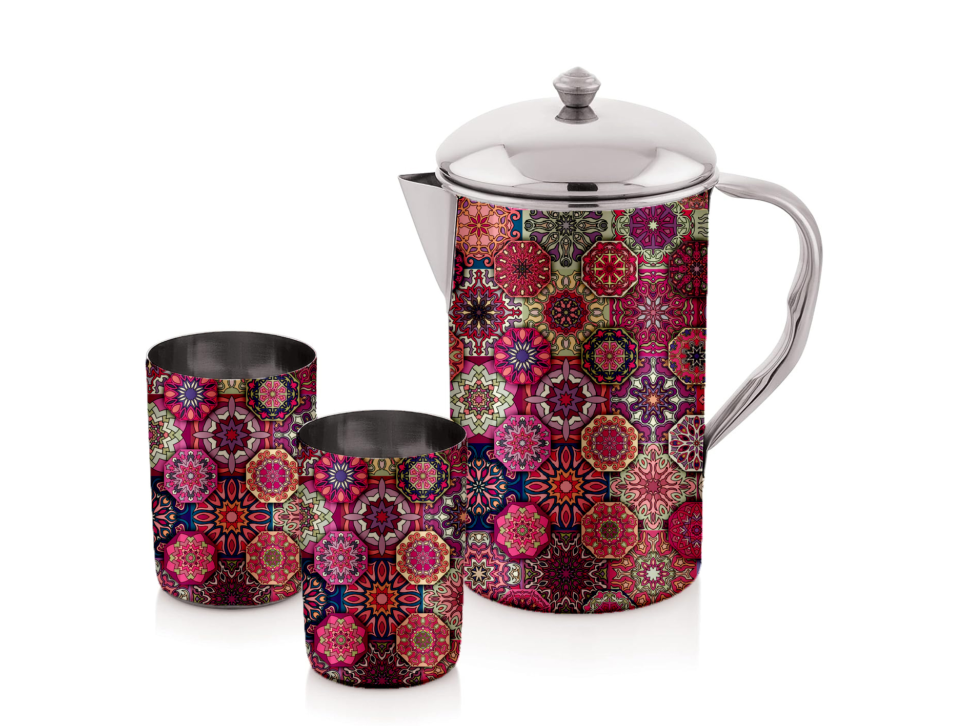 HAND PAINTED ENAMELWARE JUG WITH GLASS A151