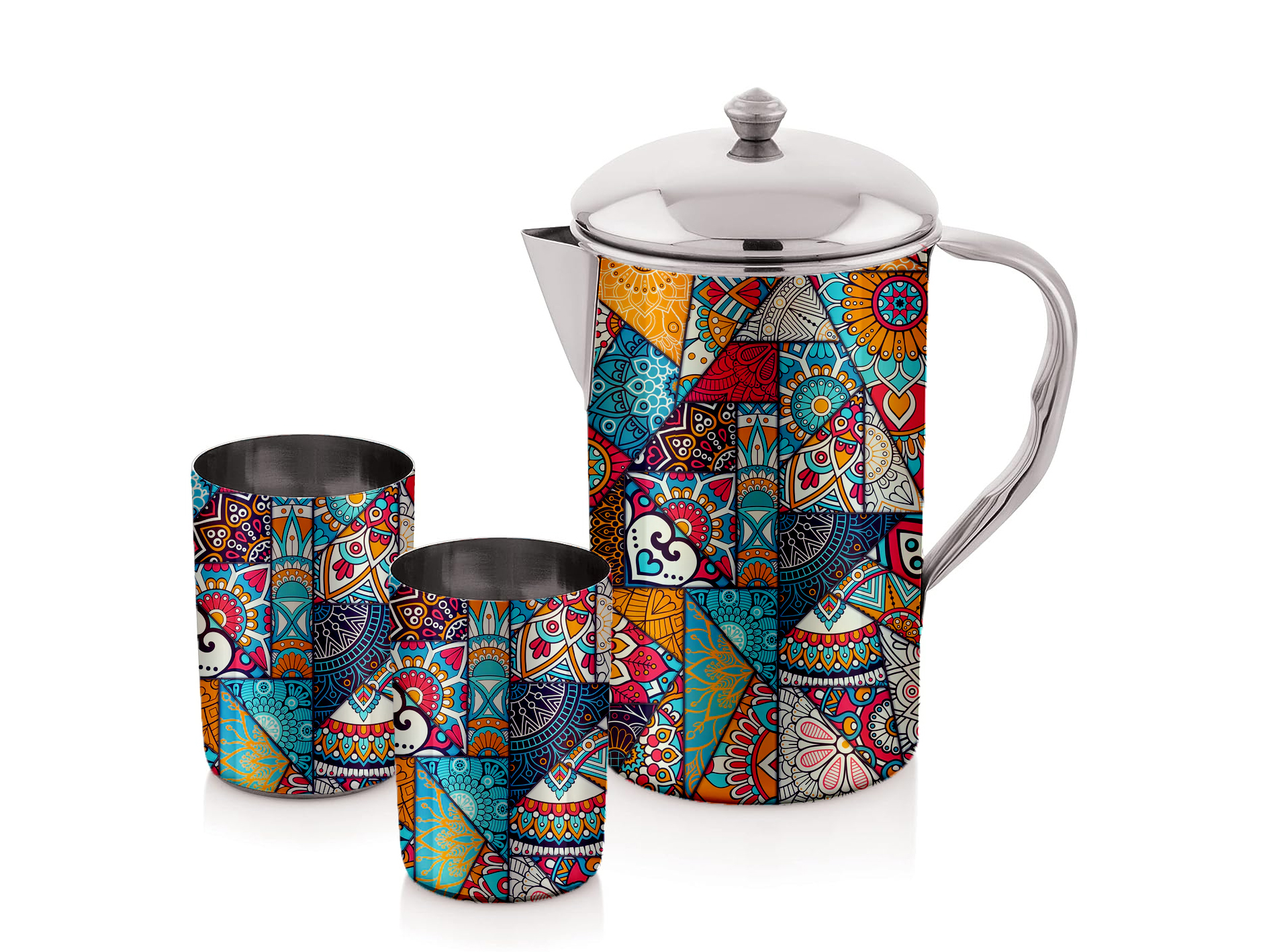 HAND PAINTED ENAMELWARE JUG WITH GLASS A151