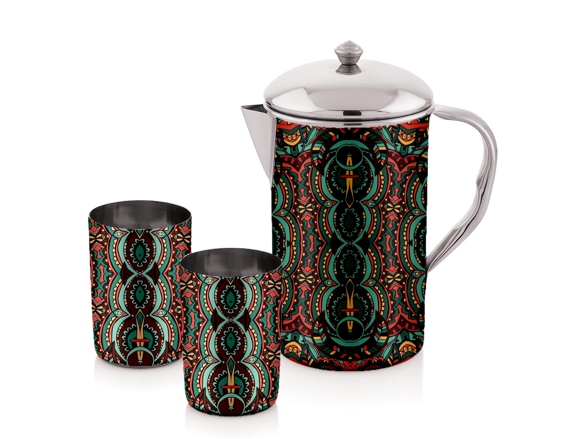 HAND PAINTED ENAMELWARE JUG WITH GLASS A153