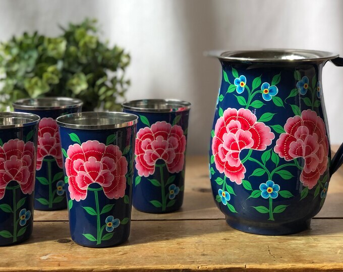 HAND PAINTED ENAMELWARE JUG WITH GLASS A154