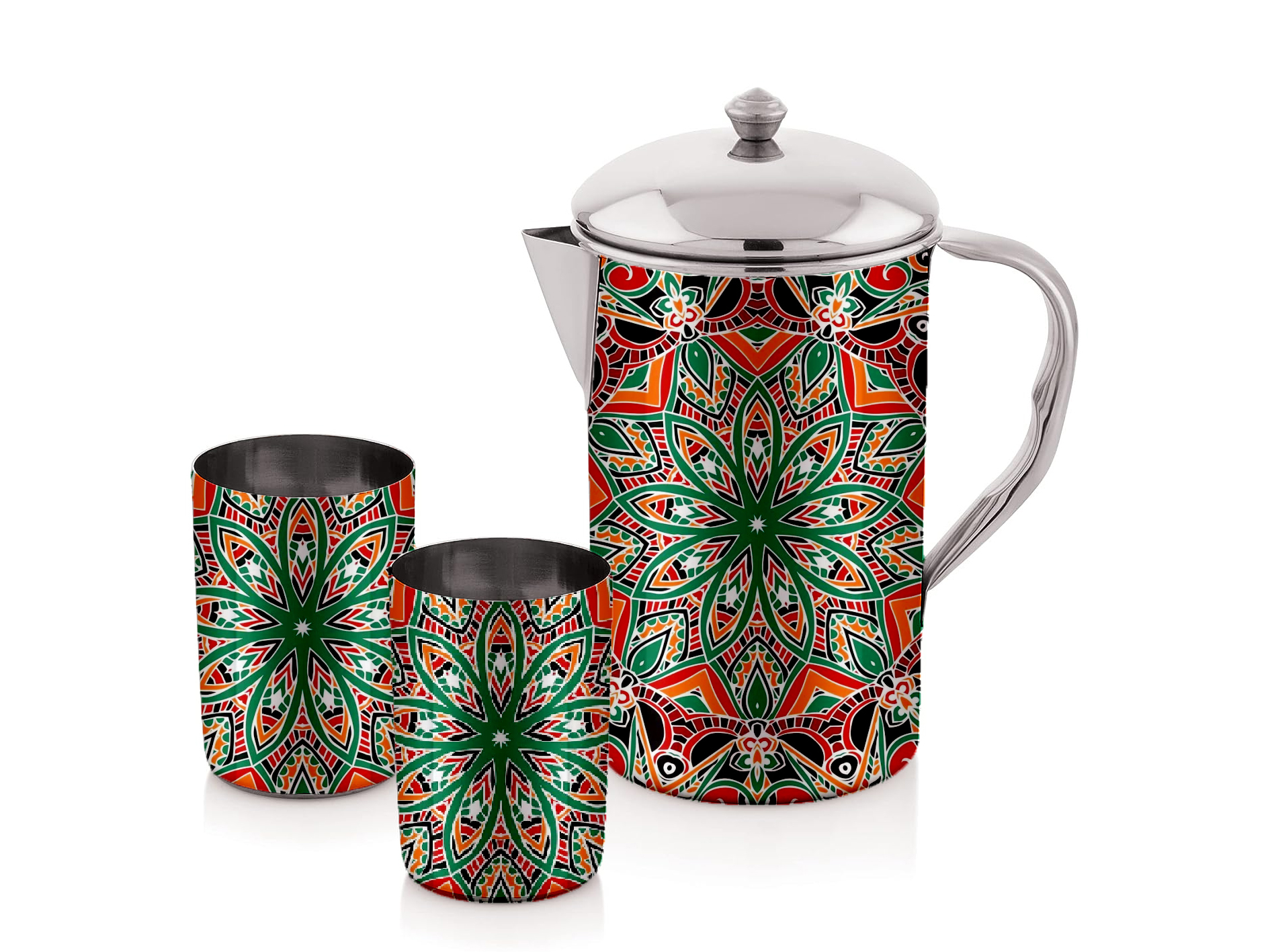 HAND PAINTED ENAMELWARE JUG WITH GLASS A154