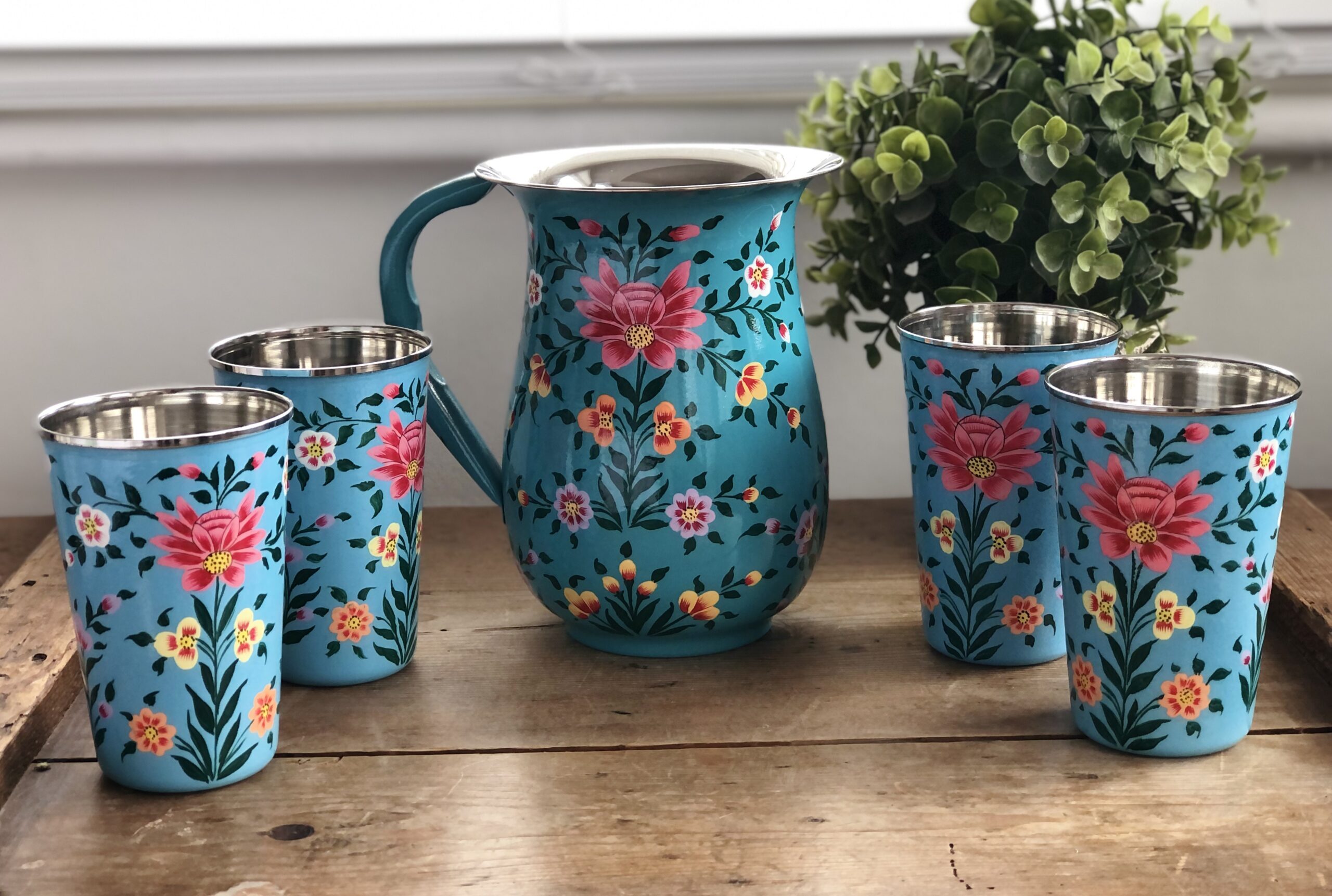 HAND PAINTED ENAMELWARE JUG WITH GLASS A155