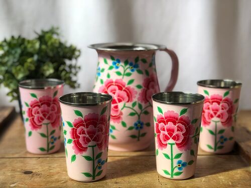 HAND PAINTED ENAMELWARE JUG WITH GLASS A157