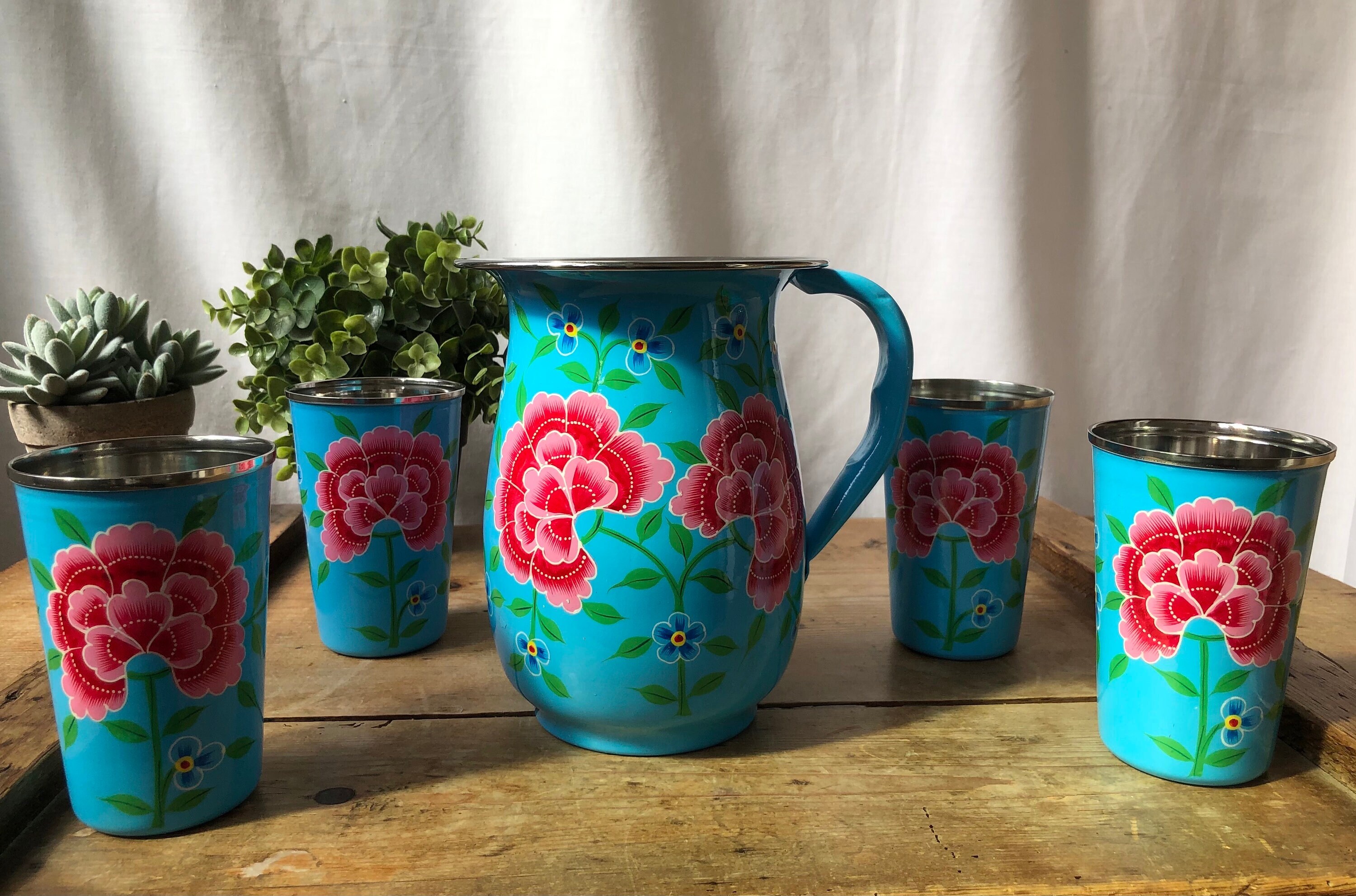 HAND PAINTED ENAMELWARE JUG WITH GLASS A157