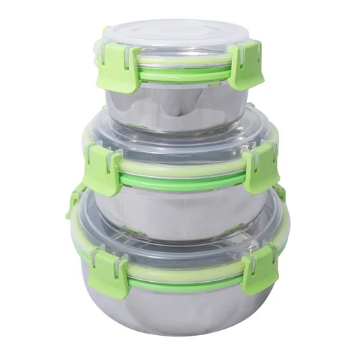 Stainless Steel Leak Proof Lunch Box Storage Container Set Of 3 - Color: Silver