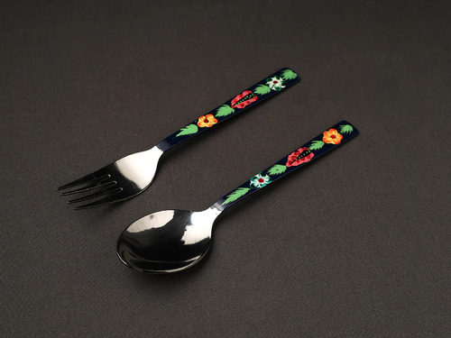 STEEL HAND PAINTED ENAMELWARE SPOON WITH FORK A189
