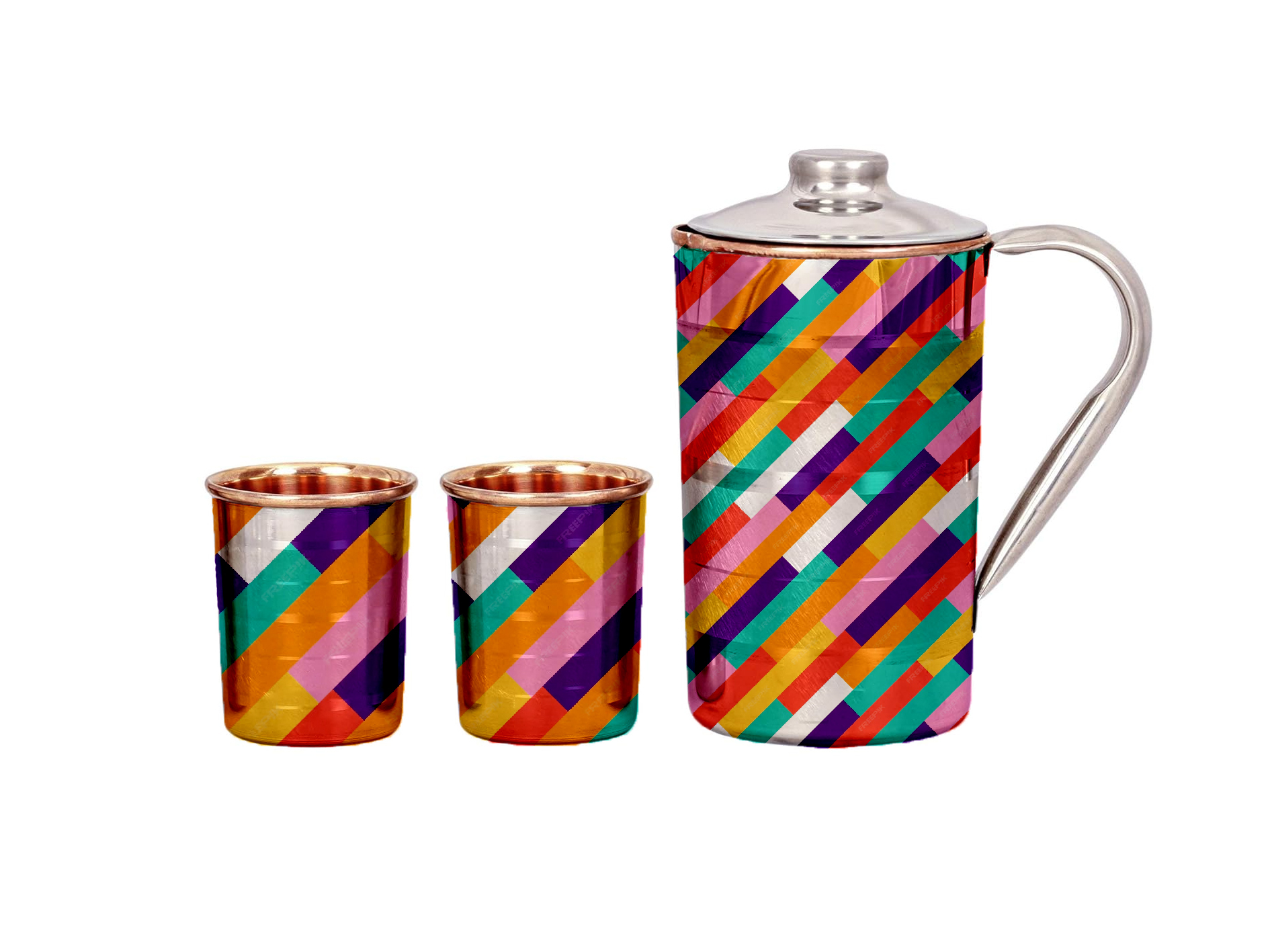 HAND PAINTED COPPER JUG WITH GLASS SET A195