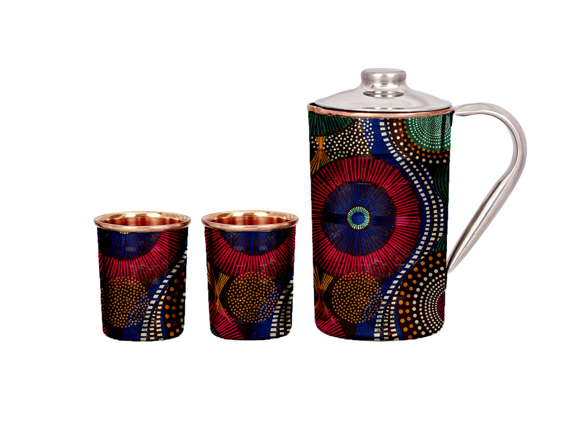 HAND PAINTED COPPER JUG WITH GLASS SET A195