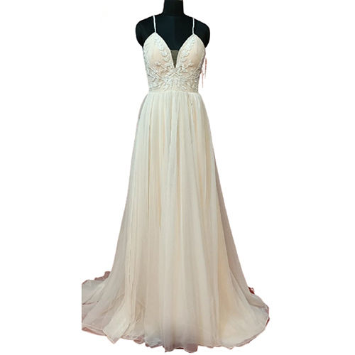 Cream Ladies Beaded Sleeveless Wedding Gown