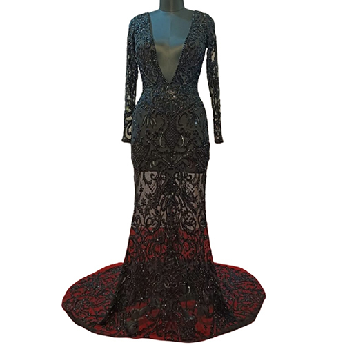 Ladies Black Beaded Full Sleeve Gown