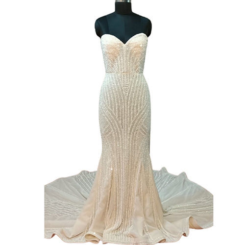 Cream Ladies Wedding White Beaded Gown