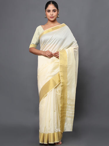 Kerala Kasavu Solid Plain Golden Zari Border Saree