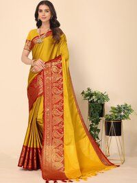 Banarasi Silk Blend Plain Solid Golden Zari Border Saree