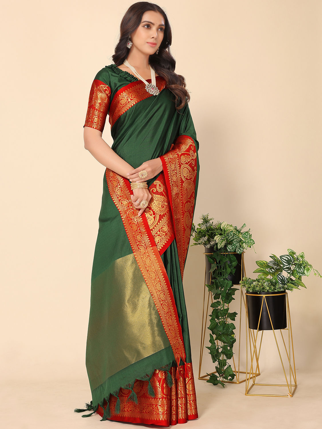 Banarasi Silk Blend Plain Solid Golden Zari Border Saree