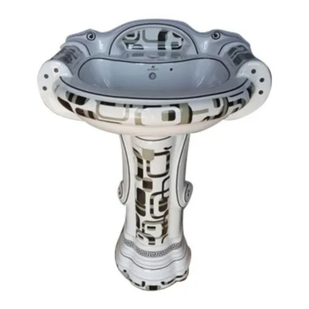 Printed Ceramic Pedestal Wash Basin - 445 x 525 x 855 mm | White, One Piece Structure, Smooth Polished Surface, Round Shape