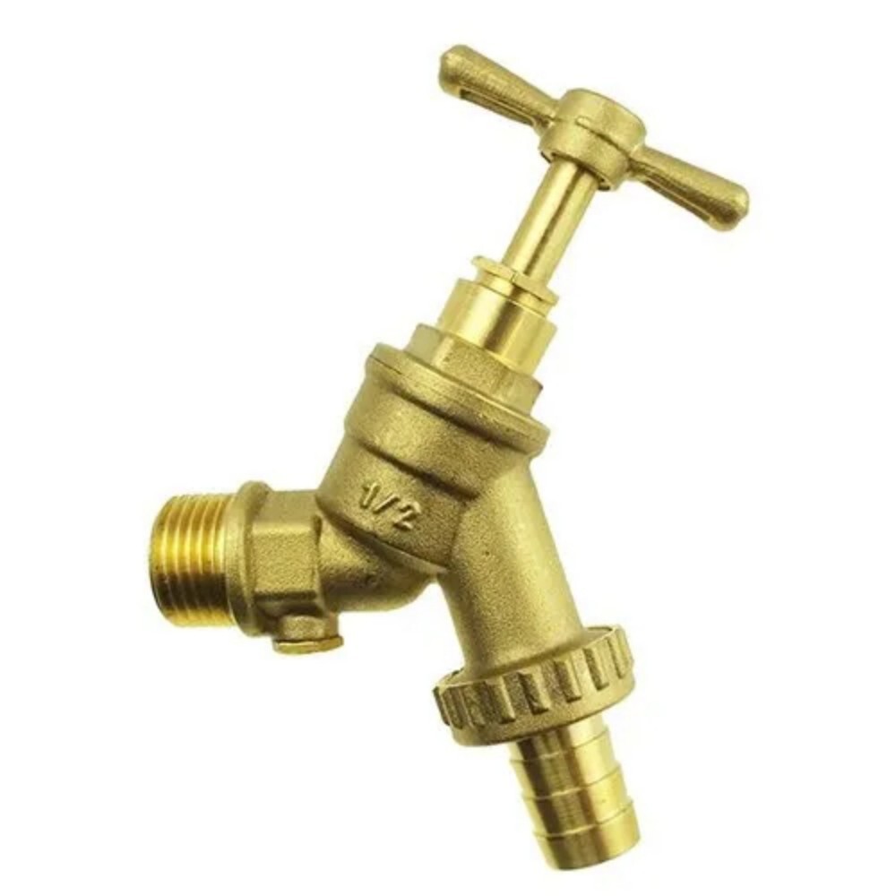 Brass Bib Cock - 1/2 Inch, Glossy Finish, Golden Color, Rectangular Design | Durable Brass Construction for Reliable Performance