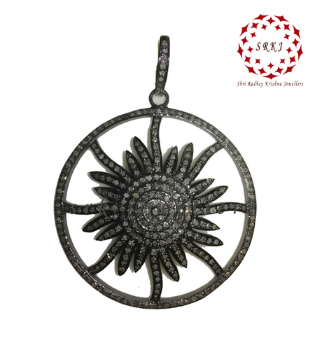 925 Starling Silver Handmade Pave Diamond Round Sunburst Style Pendant