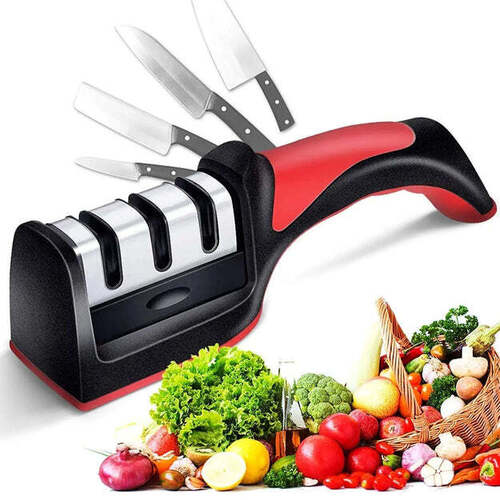 Manual Red & Black Knife Sharpener 3-Stage Tool for Ceramic & Steel Knives