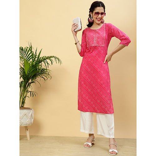 Different Available Fushia Bandhej Mirror Work Straight Cotton Kurta