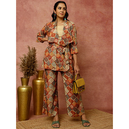 Different Available Rust Multicolor Print Wrap Top With Palazzo Co-Ord Set