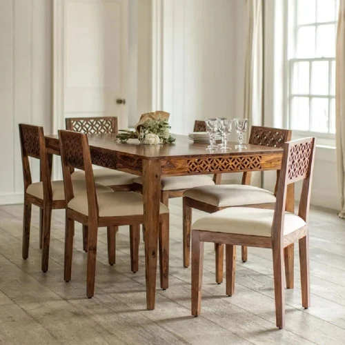 Solid Sheesham Wood Designer Dining Table With Cushioned Chair And Bench