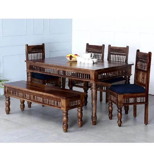 Traditional Style Solid Sheesham Wood Dining Table With Cushioned Chair And Bench