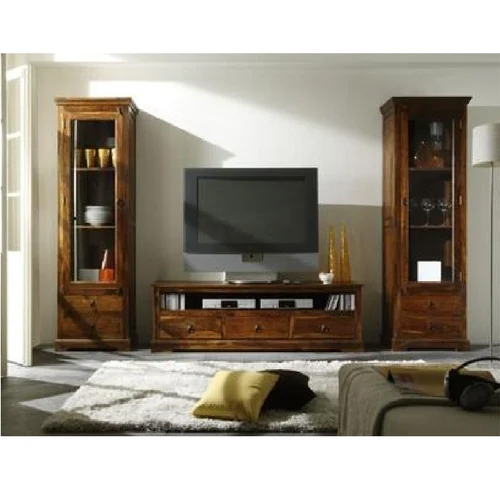 Wooden Entertainment Unit With TV Cabinet And 2 Standing Glass Cabinets