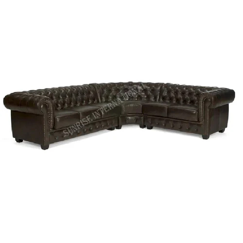Living Room Luxurious L Shape Genuine Leather Chesterfield Sectional Sofa Set