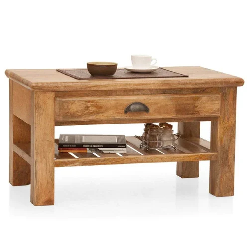 Wooden Coffee Center Table With Bottom Shelf And Storage Drawer