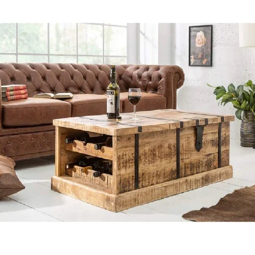 Wooden Coffee And Center Table With Storage And Bottle Rack