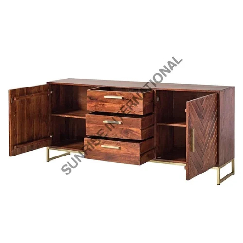 Designer Solid Sheesham Wood Sideboard Cabinet With Metal Frame Legs