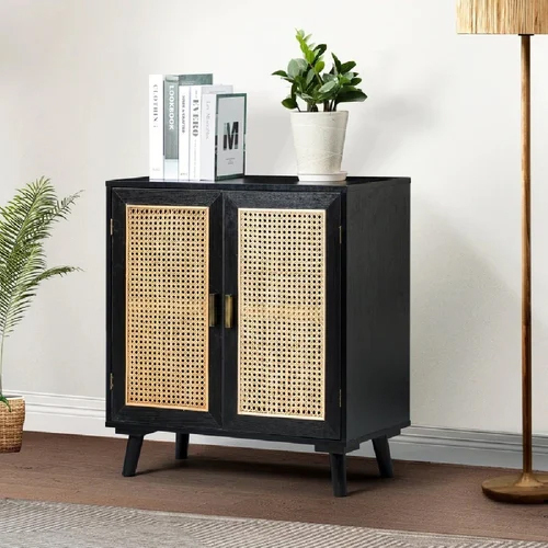 Mid Century Wooden Sideboard Display Cabinet With Rattan Cane Work