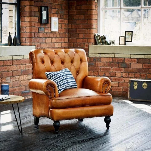 Wooden Vintage High Back Leather Sofa