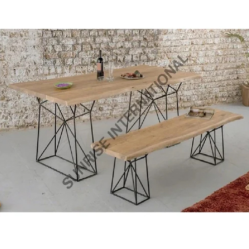 Acacia Wood Live Edge Slab Dining Table And Bench With Metal Legs