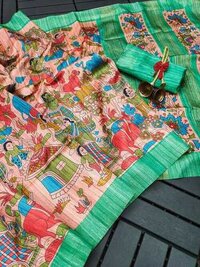 Kalmkari Tussar Silk - Color: Multicolor; Green Border