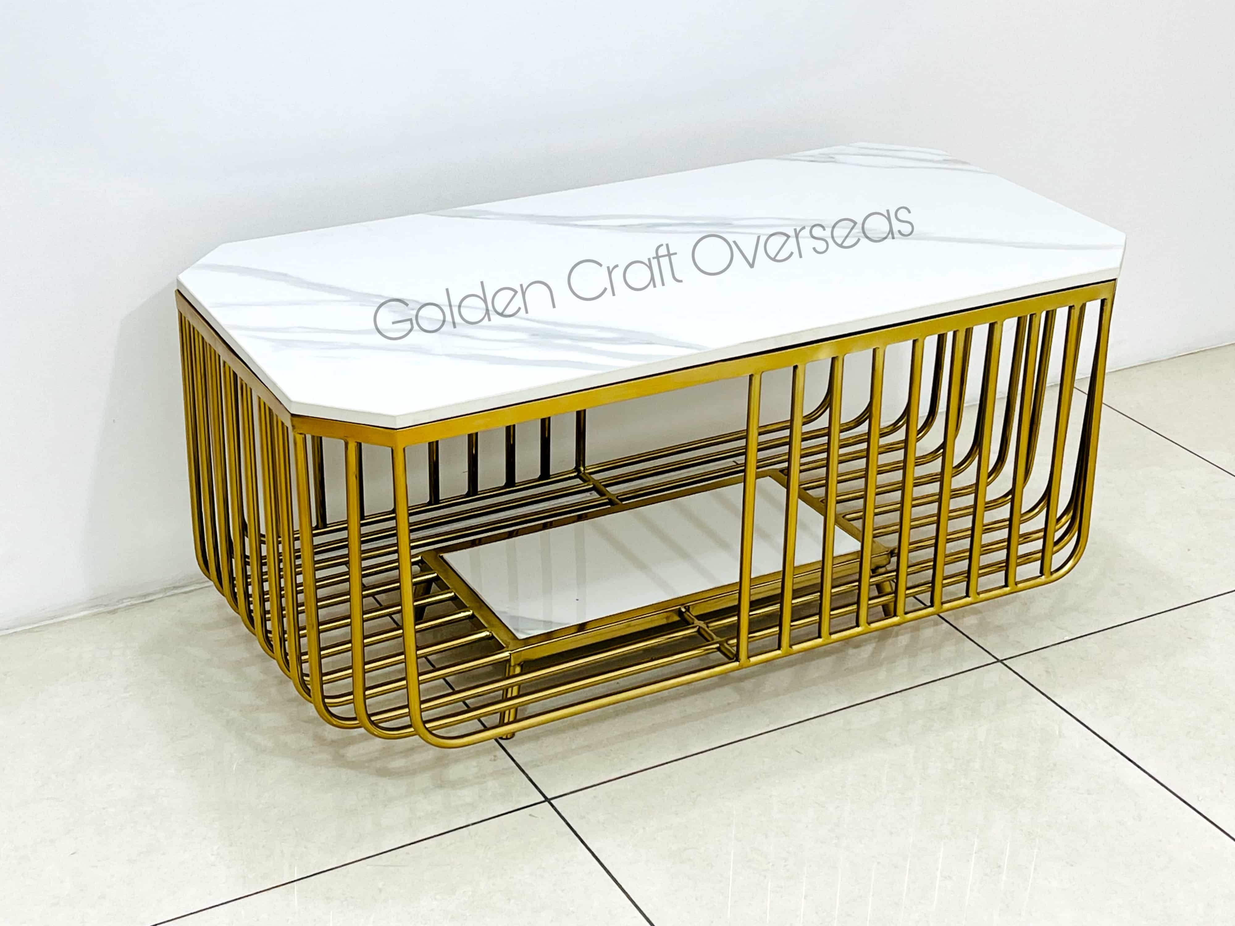 Designer Center Table in Stainless Steel with Two levels base and top marble customized