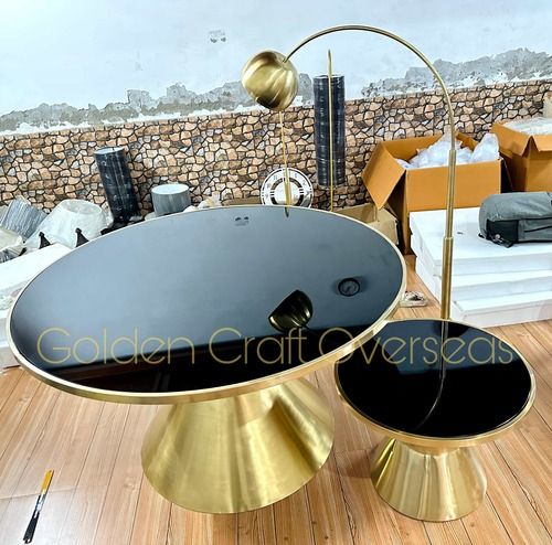 Stainless Steel Round Dining table in 304 PVD Gold Finish with Black toughened glass top