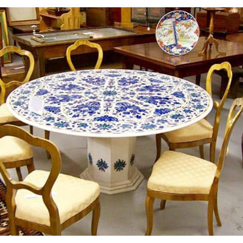 White And Blue Round Shaped Marble Dining Table