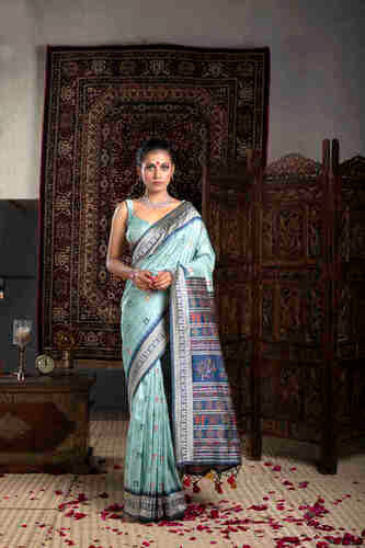 Blue Raw Silk Jamdani Saree